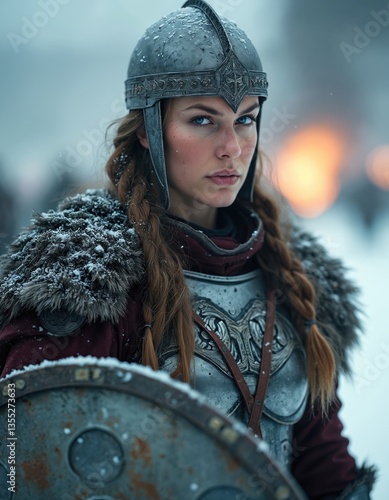 Viking warrior woman in snow ready for battle. Female in full armor, helmet, shield. Brave warrior, strong, determined, looks at the camera. Winter, ice, war, fantasy, cold, fight. photo