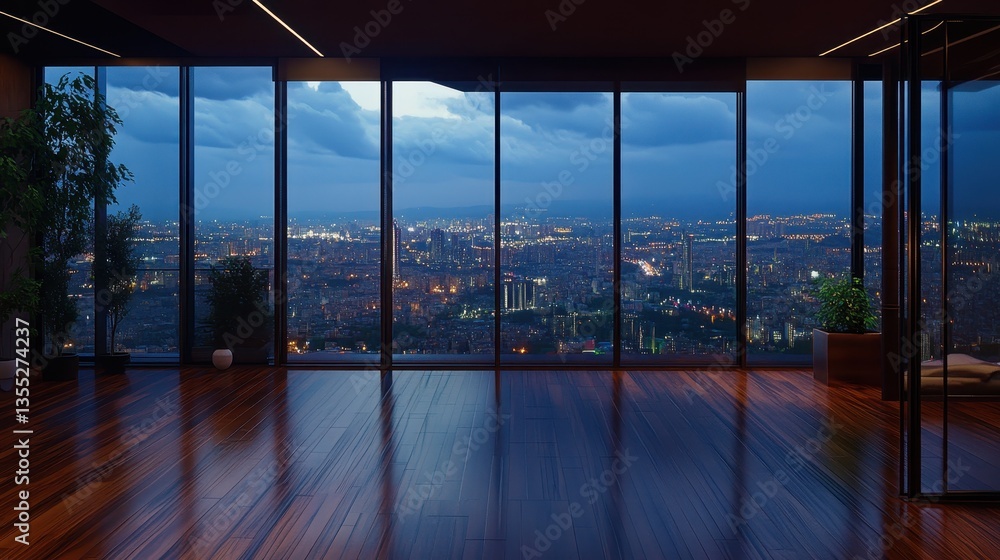 Fototapeta premium Empty Modern Office with Stunning City Night View.