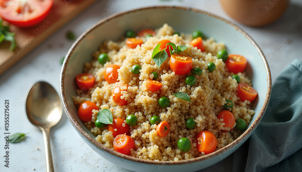 Fresh quinoa salad with tomatoes and peas in a cozy kitchen setting Fresh quinoa salad with tomatoes and peas in a cozy kitchen setting