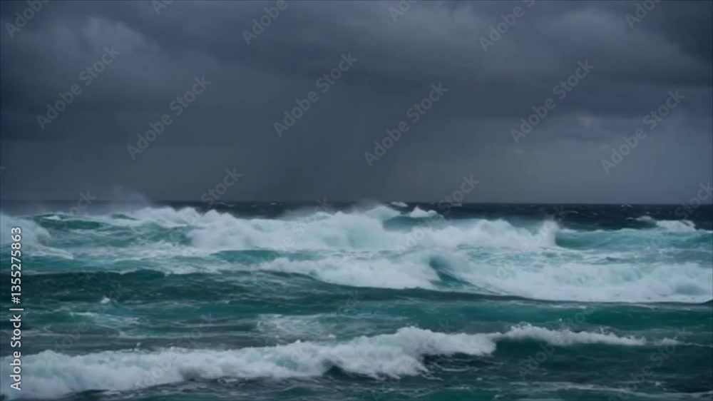 Dramatic ocean waves crashing under dark stormy sky Dramatic ocean waves crashing under dark stormy sky