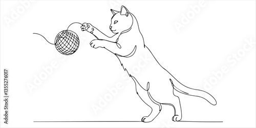 cat hitting a knitted ball a single, continuous line illustration depicting a Siamese cat playfully pawing at a knitted ball. The artwork captures the cat's curiosity and fascination with the ball's.