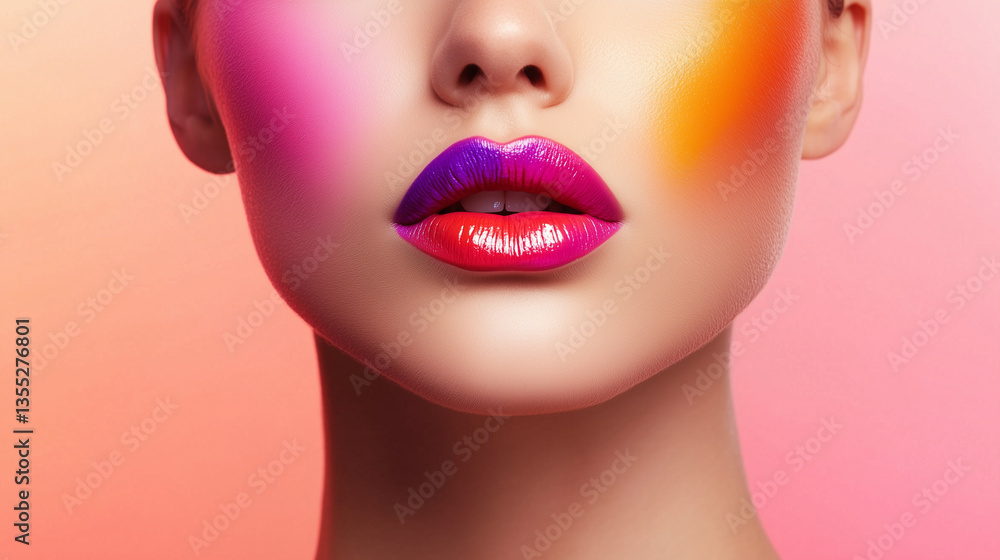 Colorful lips with bold lipstick in pink and orange lighting Colorful lips with bold lipstick in pink and orange lighting