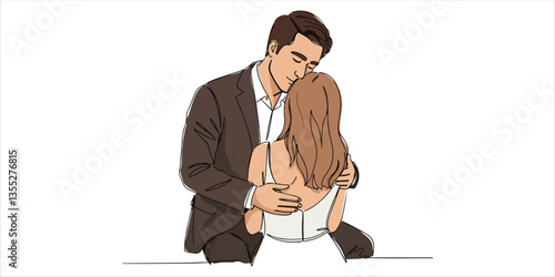 husband hugs his wife continuous line illustration featuring a husband gently hugging his wife as she sits, symbolizing love and emotional support. The artwork captures a heartfelt moment