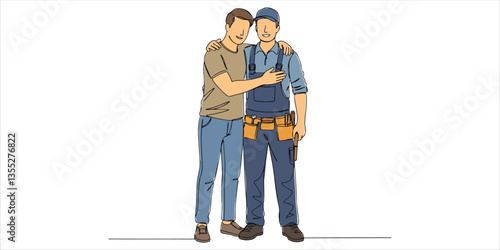 man hug a male plumber  continuous line illustration featuring a man reaching out to hug a male plumber. This design captures the gesture of heartfelt gratitude and appreciation for the plumb