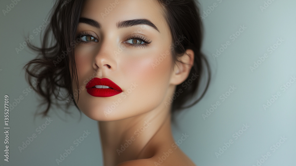 Beautiful woman with red lipstick posing on light background Beautiful woman with red lipstick posing on light background
