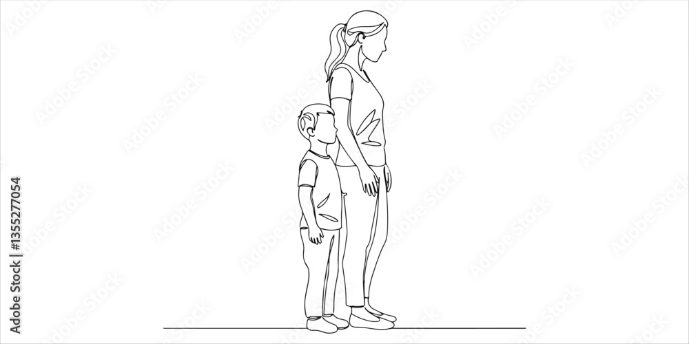 Fototapeta premium mother and son stood a single, continuous line illustration showcasing a mother and son standing side by side, both with their hands confidently placed on their waists. This dynamic pose symbolizes.
