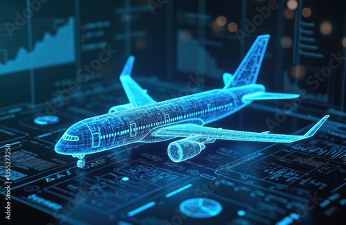 Futuristic hologram interface airplane manufacturing. Neon wireframe plane presentation. Digital blueprint for aircraft design. 3D aircraft model represents innovation in aviation tech. Virtual