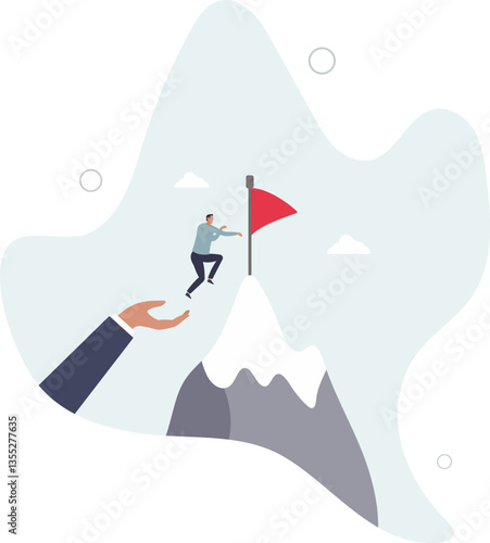 Helping hand, coaching or mentor support employee to achieve business target, inspiration or advantage to reach goal concept.flat character life .