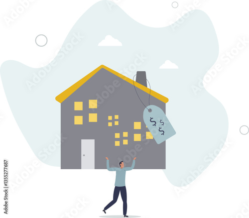 Overpay in real estate and house mortgage, too much invest or expense to pay for debt and loan in economic crisis concept.flat character life .