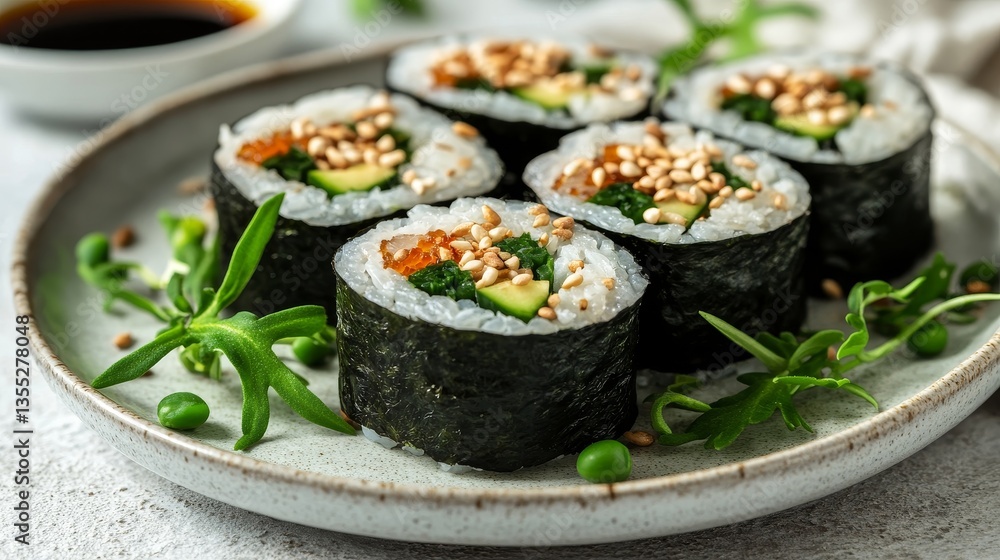 A close-up of vegan sushi rolls with cucumber and sesame seeds on a plate, garnished with greens and served with soy sauce A close-up of vegan sushi rolls with cucumber and sesame seeds on a plate, garnished with greens and served with soy sauce