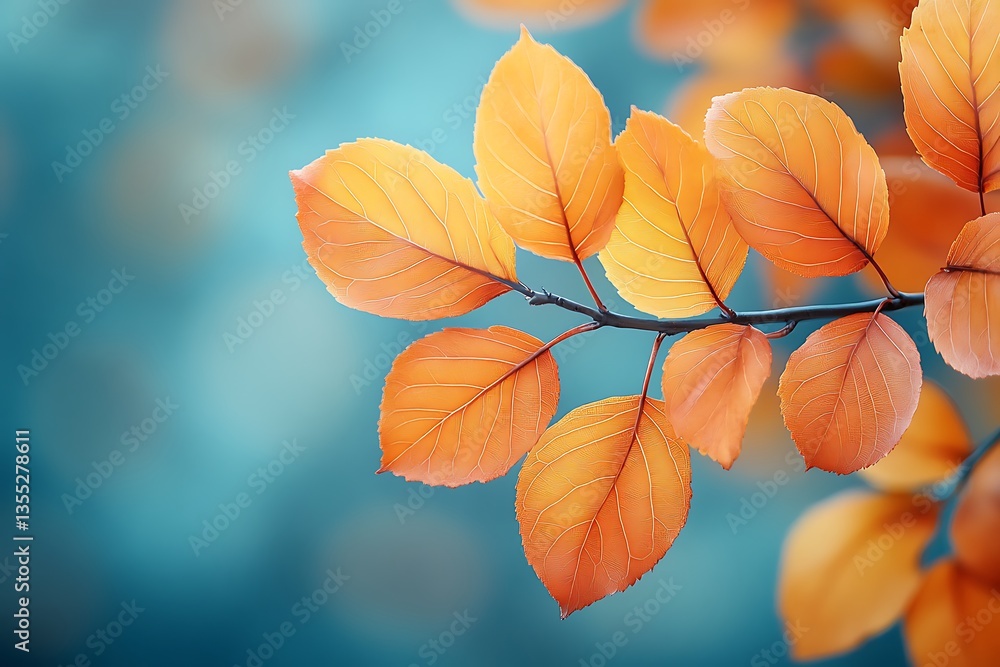 Autumn Orange Leaves on Branch Against Blue Backdrop Foliage CloseUp, Seasonal Autumn Orange Leaves on Branch Against Blue Backdrop Foliage CloseUp, Seasonal