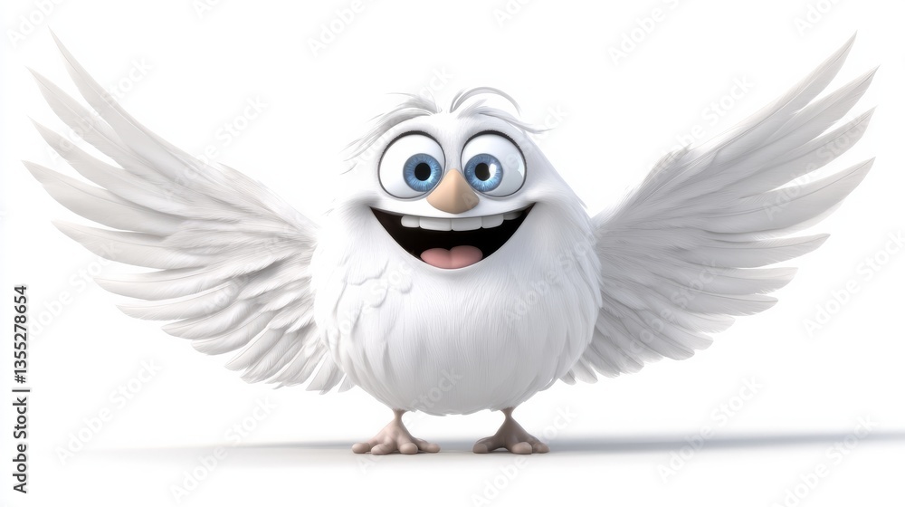 Fototapeta premium A funny 3D angel with a big smile, oversized eyes, and exaggerated wings, set against a blank white background
