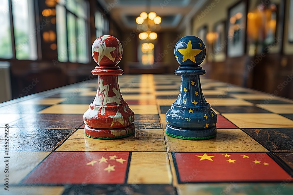 Fototapeta premium Two Pawn Chess Pieces Decorated with Stars on a Checkered Board in Room Setting