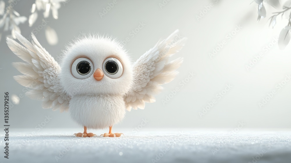 Fototapeta premium A funny 3D angel with large round eyes, oversized wings, and a tiny body, set on a clean white background 
