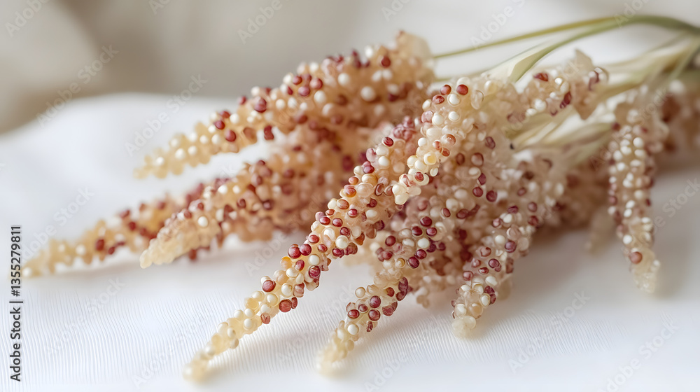 An elegant close-up of quinoa ears with reddish seeds placed delicately on a soft surface, capturing their fine details and natural elegance. An elegant close-up of quinoa ears with reddish seeds placed delicately on a soft surface, capturing their fine details and natural elegance.