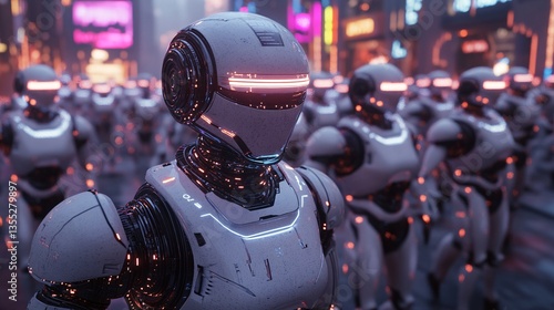 Robotic March: A legion of futuristic robots advance through a vibrant cityscape, hinting at a new era where technology and civilization intersect.
