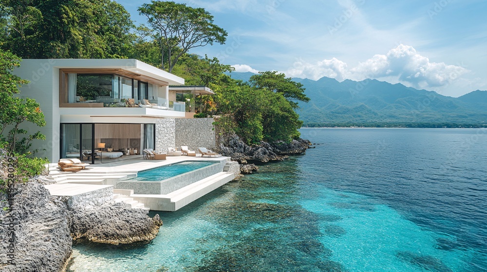 Fototapeta premium Oceanfront Villa: An luxurious modern villa with a infinity pool is perched on a cliff overlooking a turquoise ocean. The architectural marvel embodies elegance, tranquility.