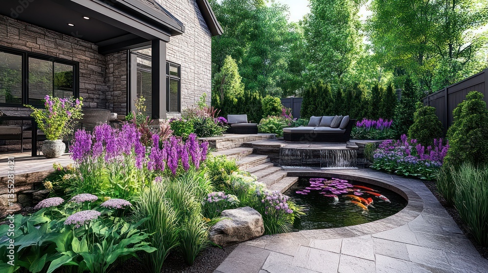 Obraz premium Modern backyard design with a koi pond, patio furniture, and landscaping. Lush gardens, stepping stones, and a water feature surround a round pond with fish.