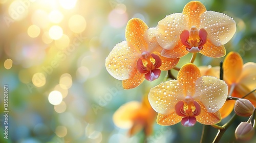 Macro orchid tropical rainforest dew droplets refracting prismatic light hyper detailed organic textures soft natural illumination