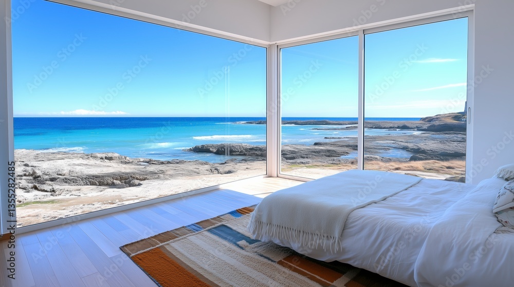 Fototapeta premium Scenic beach view from a modern bedroom with large glass windows in a coastal location