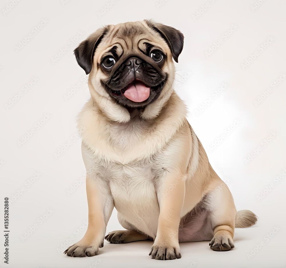 Obraz premium Adorable Happy Pug Puppy Sitting and Smiling Isolated on White Transparent Background