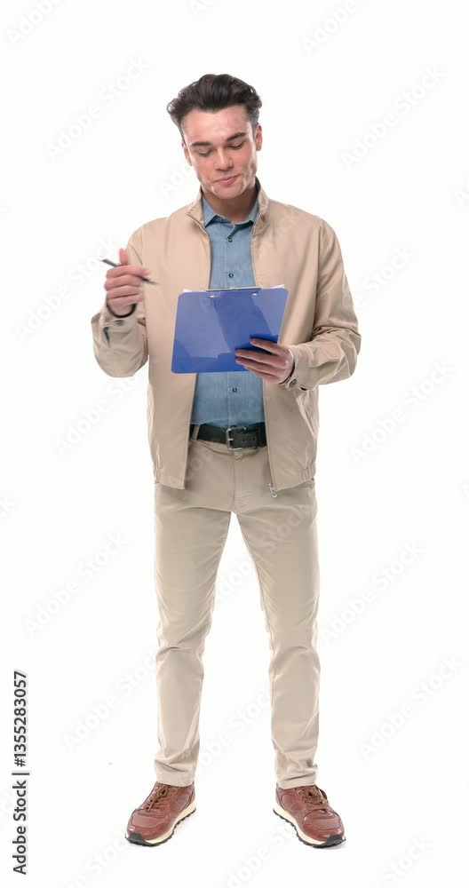 proud young man with clipboard taking notes, being happy and smiling, waving and walking on white background proud young man with clipboard taking notes, being happy and smiling, waving and walking on white background