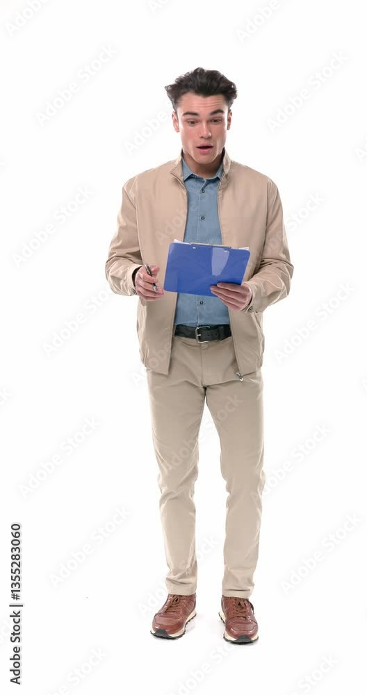 shocked casual guy reading the notes on clipboard, realizing the mistake and running away in front of white background shocked casual guy reading the notes on clipboard, realizing the mistake and running away in front of white background