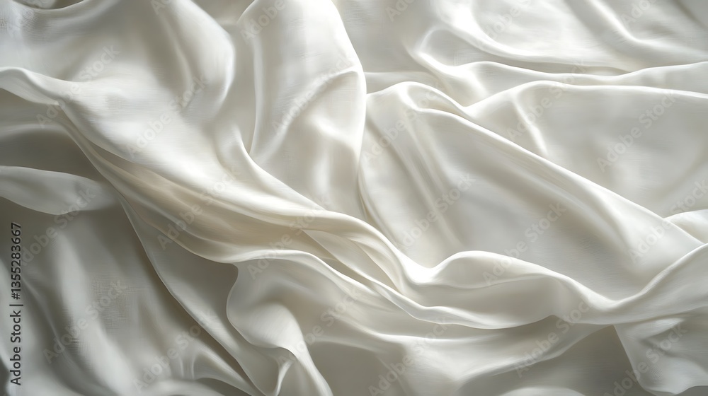 Fototapeta premium Close-Up View of Luxurious White Silk Fabric with Smooth Glossy Texture and Flowing Draped Folds Highlighting Elegance