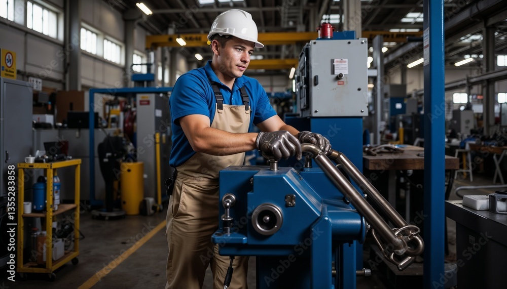 Skilled worker operating machinery in a manufacturing facility Skilled worker operating machinery in a manufacturing facility