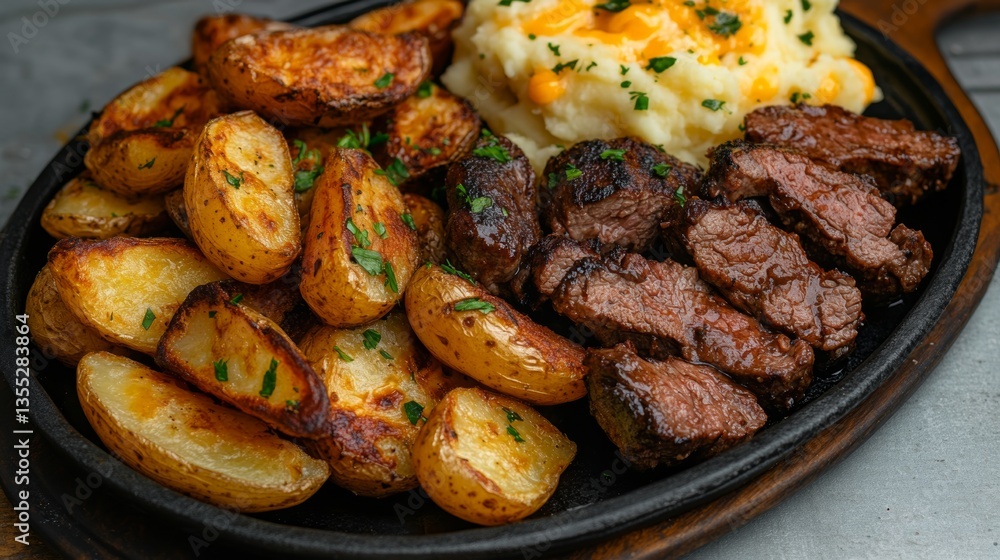 Savoring bangers with garlic butter steak bites and cheesy smashed potatoes in a cozy kitchen setting Savoring bangers with garlic butter steak bites and cheesy smashed potatoes in a cozy kitchen setting