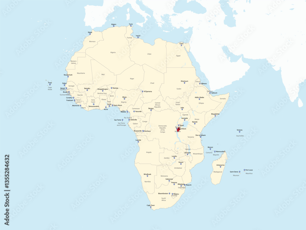 Fototapeta premium Detailed national location map of BURUNDI within the great continent of Africa