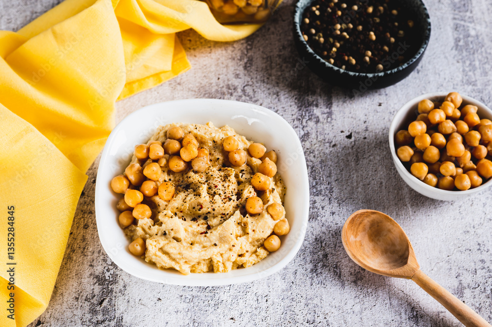 Vegetarian spicy chickpea hummus in a bowl on the table