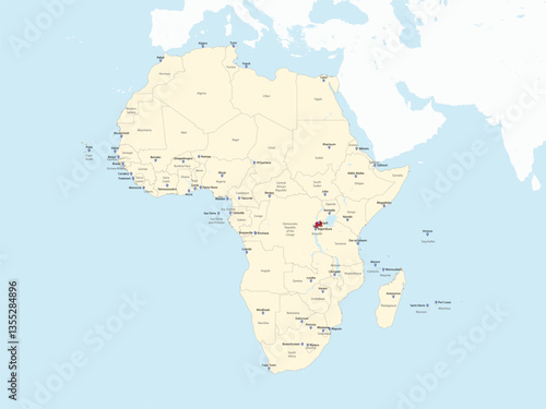 Detailed national location map of RWANDA within the great continent of Africa