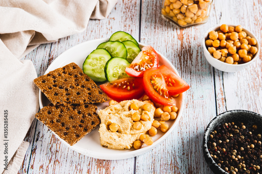 Vegetarian plate with chickpeas and vegetables on the table