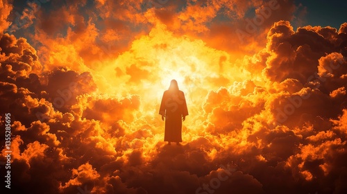 A robed figure stands amidst fiery clouds, bathed in radiant light.  Divine presence suggested