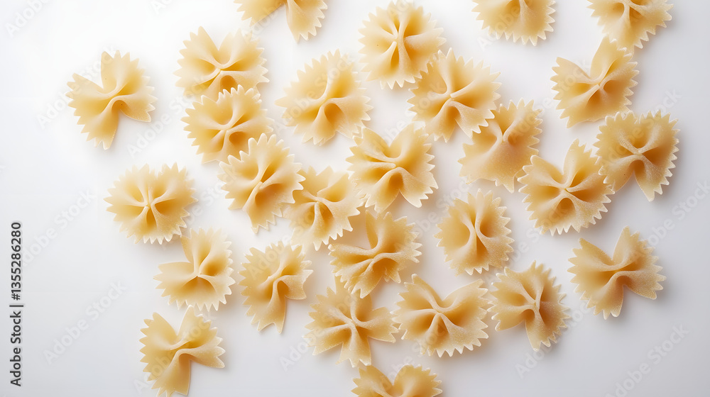An overhead shot of farfalle pasta, meticulously arranged with perfect spacing and orientation, creating a clean, visually pleasing arrangement on a white backdrop. An overhead shot of farfalle pasta, meticulously arranged with perfect spacing and orientation, creating a clean, visually pleasing arrangement on a white backdrop.