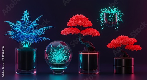 Neon Glowing Potted Plants Collection, futuristic plants