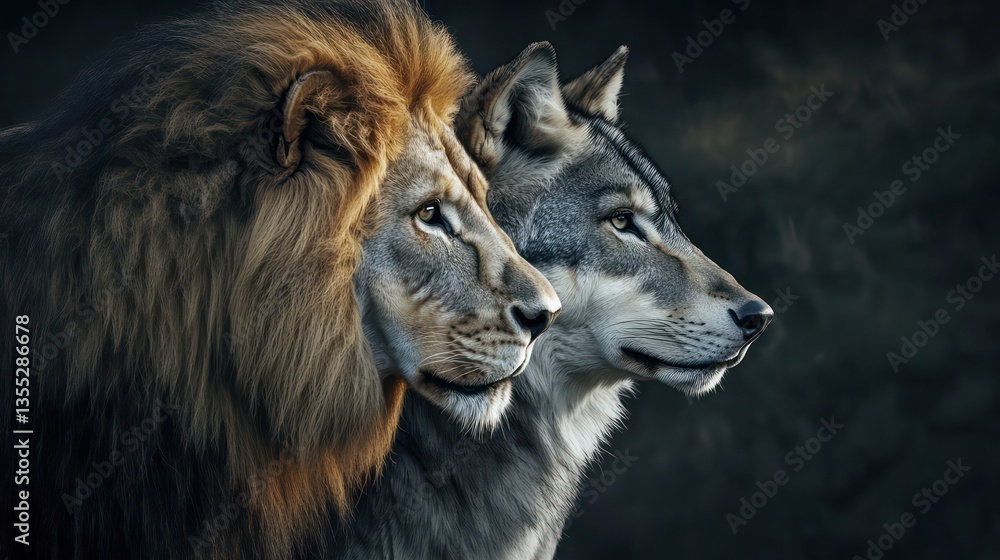 Fototapeta premium Lion Wolf Side By Side Portrait