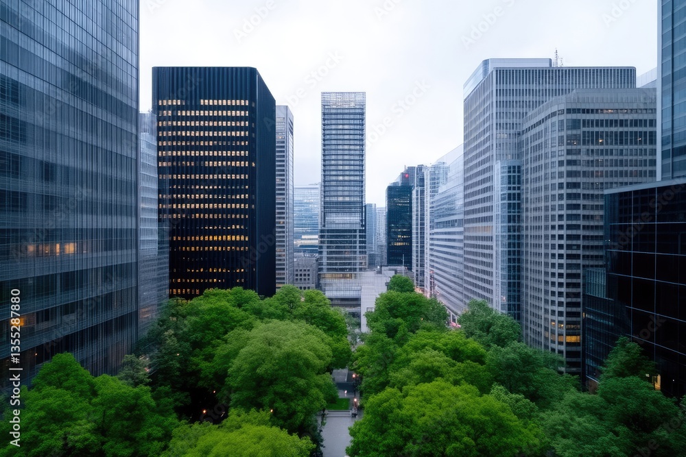 Urban park in a city of towering skyscrapers. A verdant oasis amid concrete structures Urban park in a city of towering skyscrapers. A verdant oasis amid concrete structures