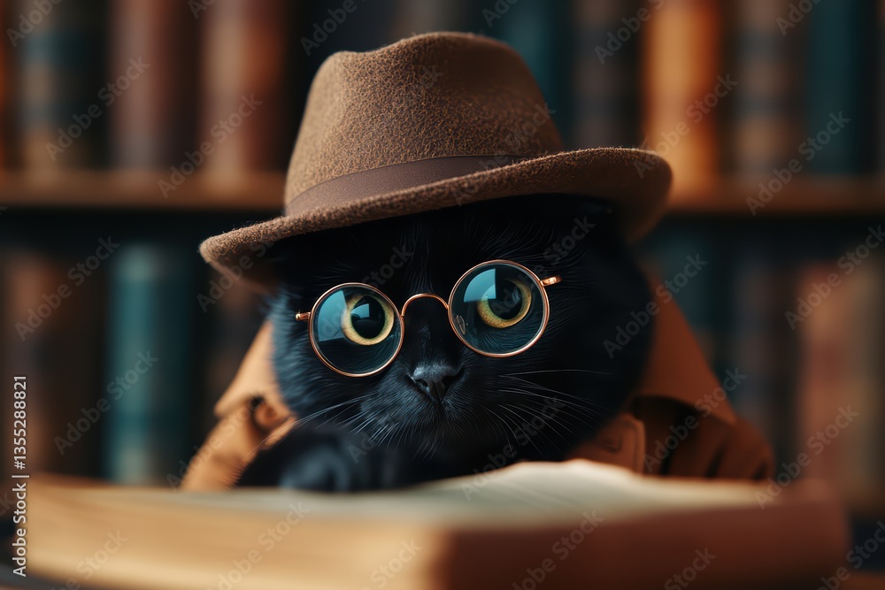 Clever cat detective with glasses and hat - whimsical Clever cat detective with glasses and hat - whimsical