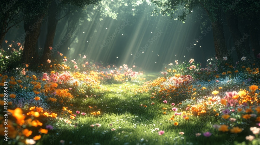 Fototapeta premium Enchanted Forest with Colorful Flowers and Soft Sunlight Rays