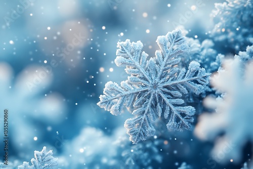 Icy Snowflake CloseUp on Winter Tree Branch, Frosty Texture, Macro Shot, Winter Season