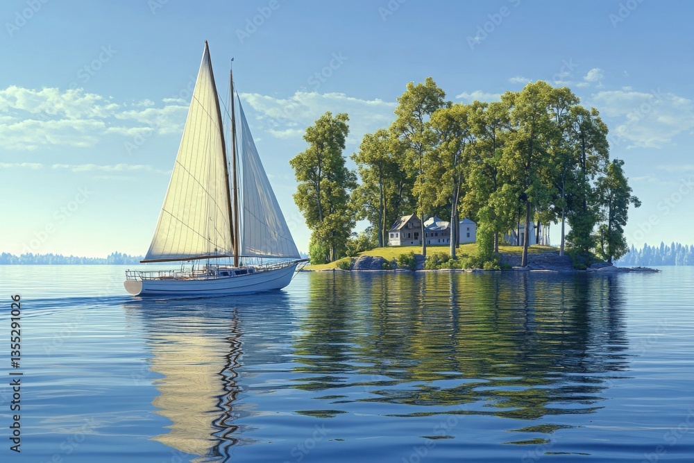 Obraz premium Relaxing sailing on a lake with a yacht and sailboat under a summer sky