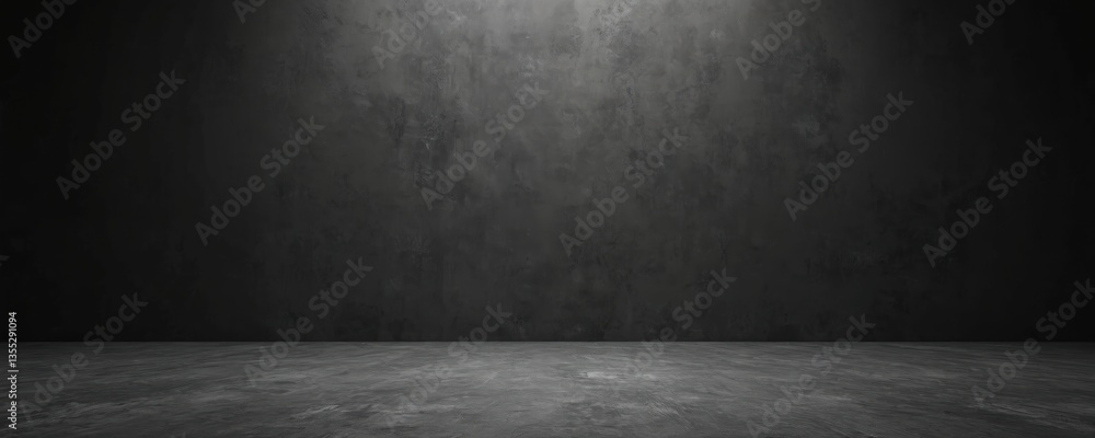 Empty dark studio backdrop with concrete floor. Black wall background for product display, modern showroom. Industrial interior space with spotlight. Rough texture monochrome surface. Perfect for Empty dark studio backdrop with concrete floor. Black wall background for product display, modern showroom. Industrial interior space with spotlight. Rough texture monochrome surface. Perfect for