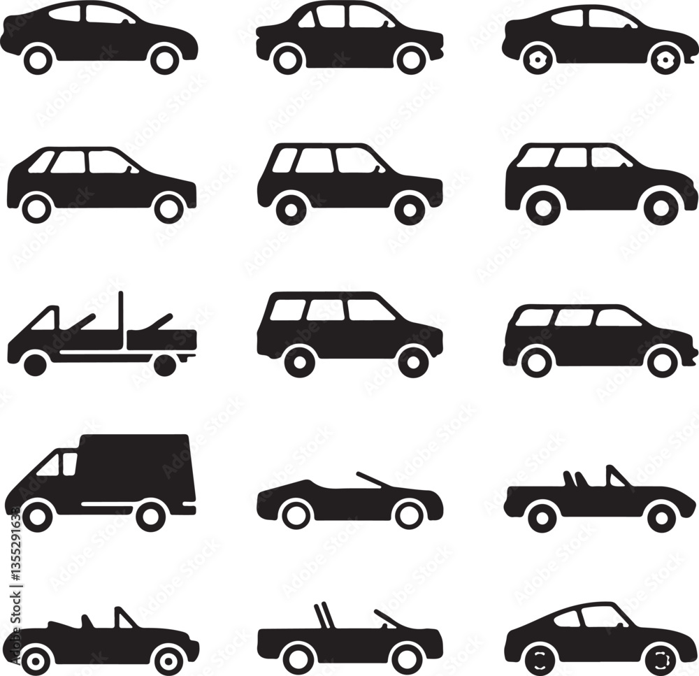 A collection of silhouette vehicle icons in a flat, minimalistic style on white background. A collection of silhouette vehicle icons in a flat, minimalistic style on white background.