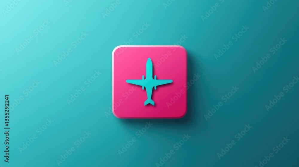 Obraz premium Pink Airplane Icon on Teal Background: Minimalist Travel Design