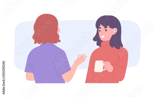 Young Woman with Hearing Aid Talking to Colleague in Office, or Workplace. Medical Technology for Helping patient. Hearing aid device for hearing loss people. Flat vector illustration.