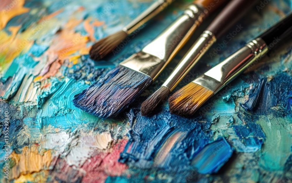 Fototapeta premium Four paintbrushes lie on a textured canvas covered in thick, colorful oil paint strokes. 