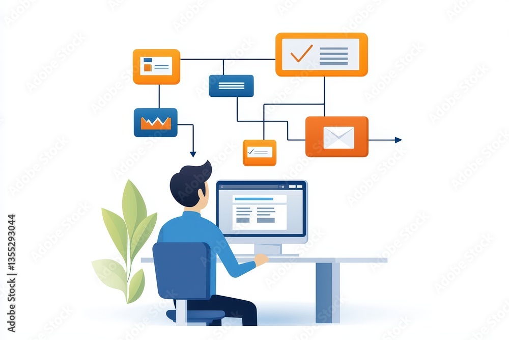 Person working on computer with workflow graphics Person working on computer with workflow graphics