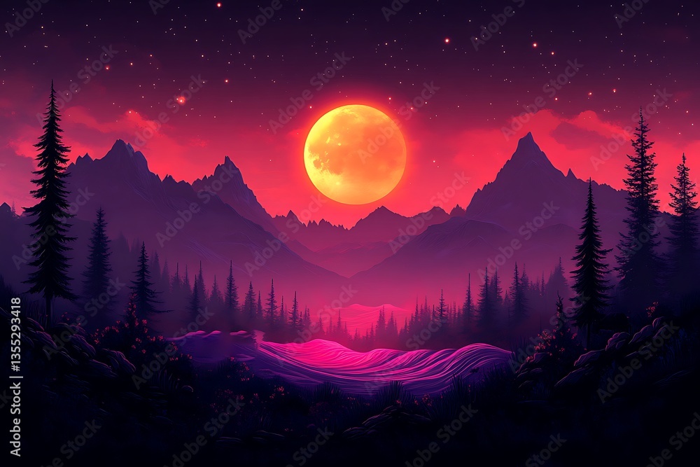 Fototapeta premium Surreal Mountain Landscape at Night with Glowing Full Moon and Starry Sky Backdrop